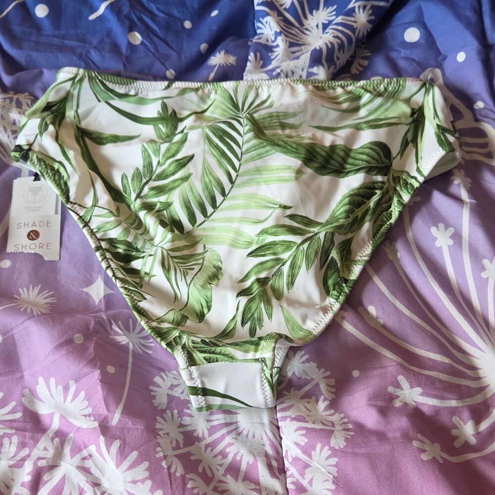 Nwt Shade & Shore Green Leaf Print High Waist Cheeky Bikini Bottom S Tropical - Picture 4 of 5